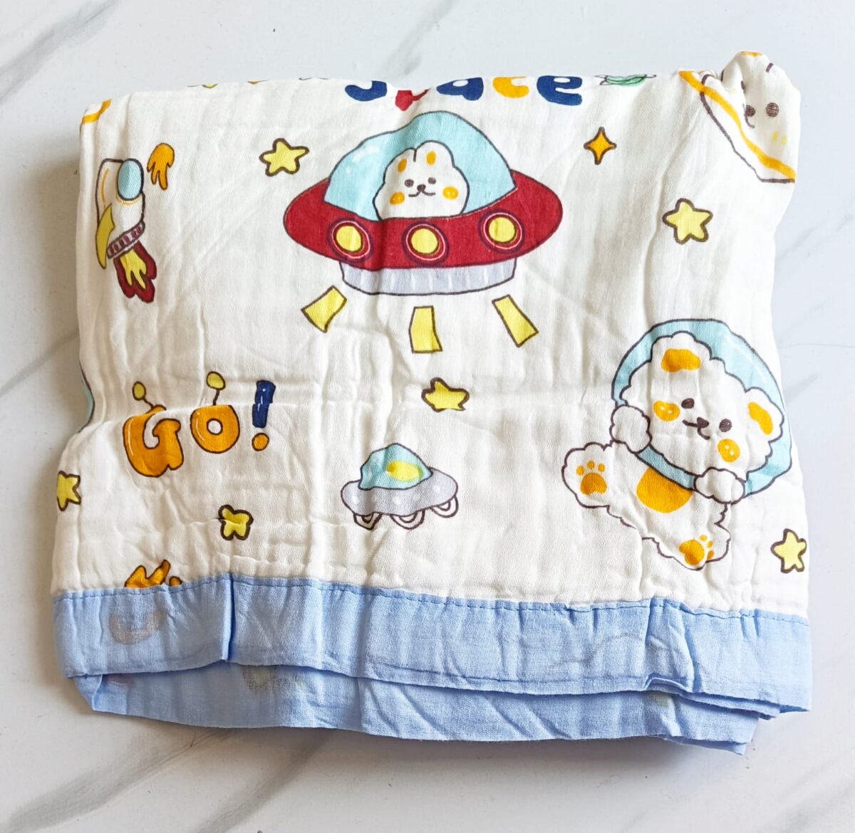 Muslin Crinkled Blanket - Spaceship Bunny Print