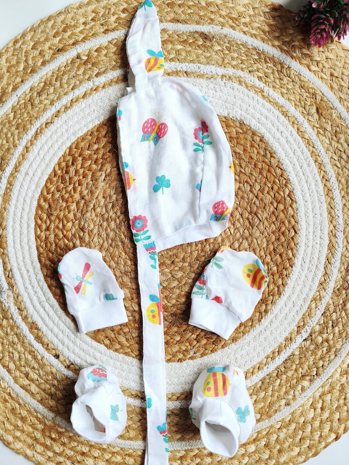 Muslin Cap, Mitten & Booties Set - Butterfly & Honeybee Print