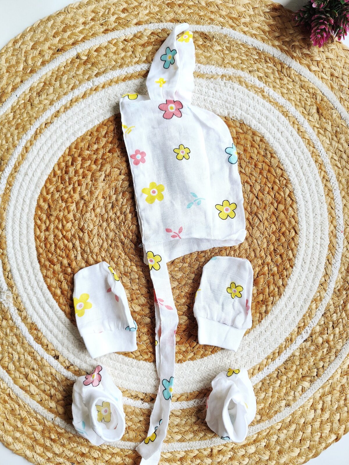 Muslin Cap, Mitten & Booties Set - Flower Print