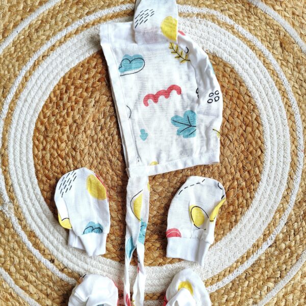 Muslin Cap, Mitten & Booties Set – Bean Print