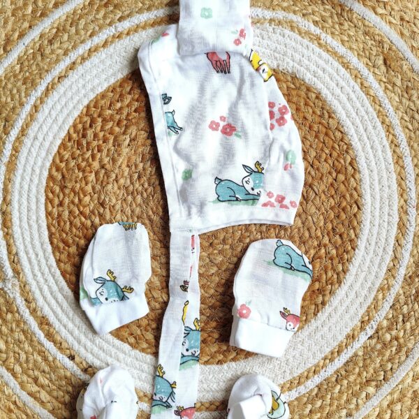 Muslin Cap, Mitten & Booties Set – Deer Print