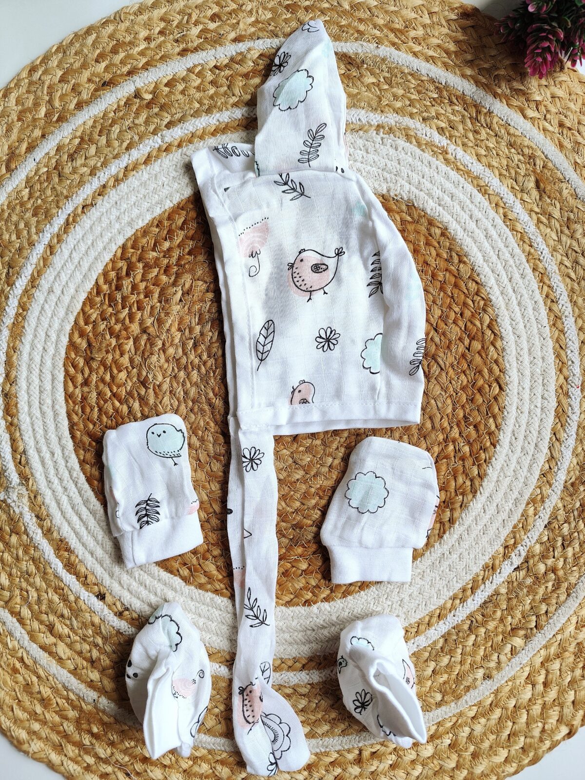 Muslin Cap, Mitten & Booties Set - Bird Print