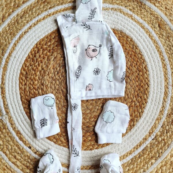 Muslin Cap, Mitten & Booties Set – Bird Print