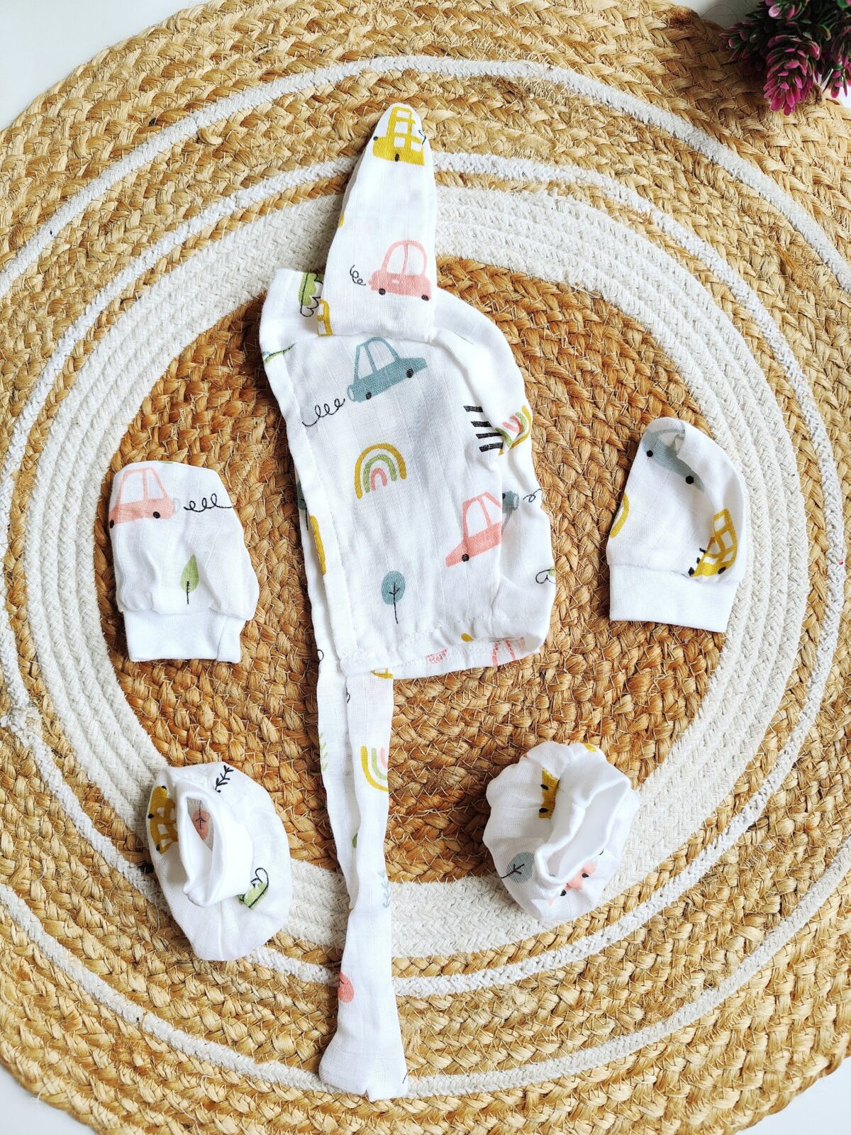 Muslin Cap, Mitten & Booties Set - Car Print