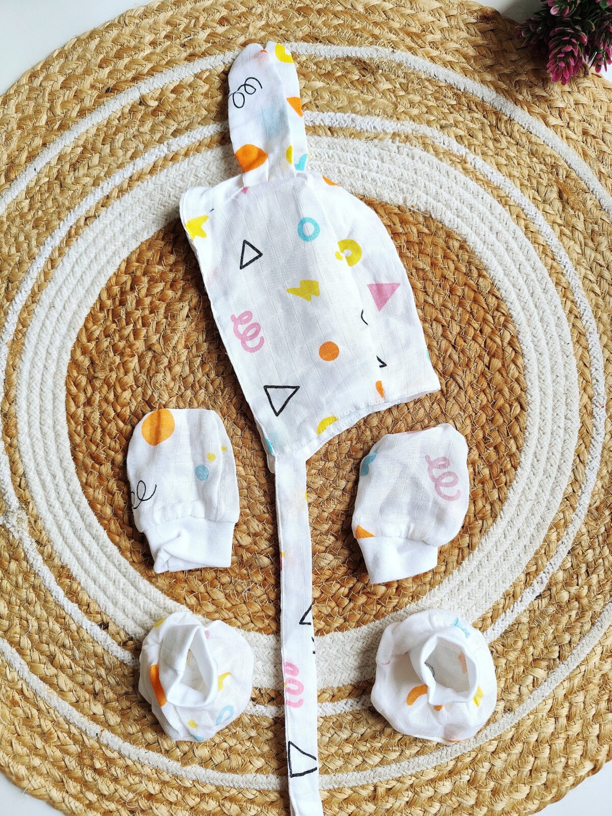 Muslin Cap, Mitten & Booties Set - Geometric Print