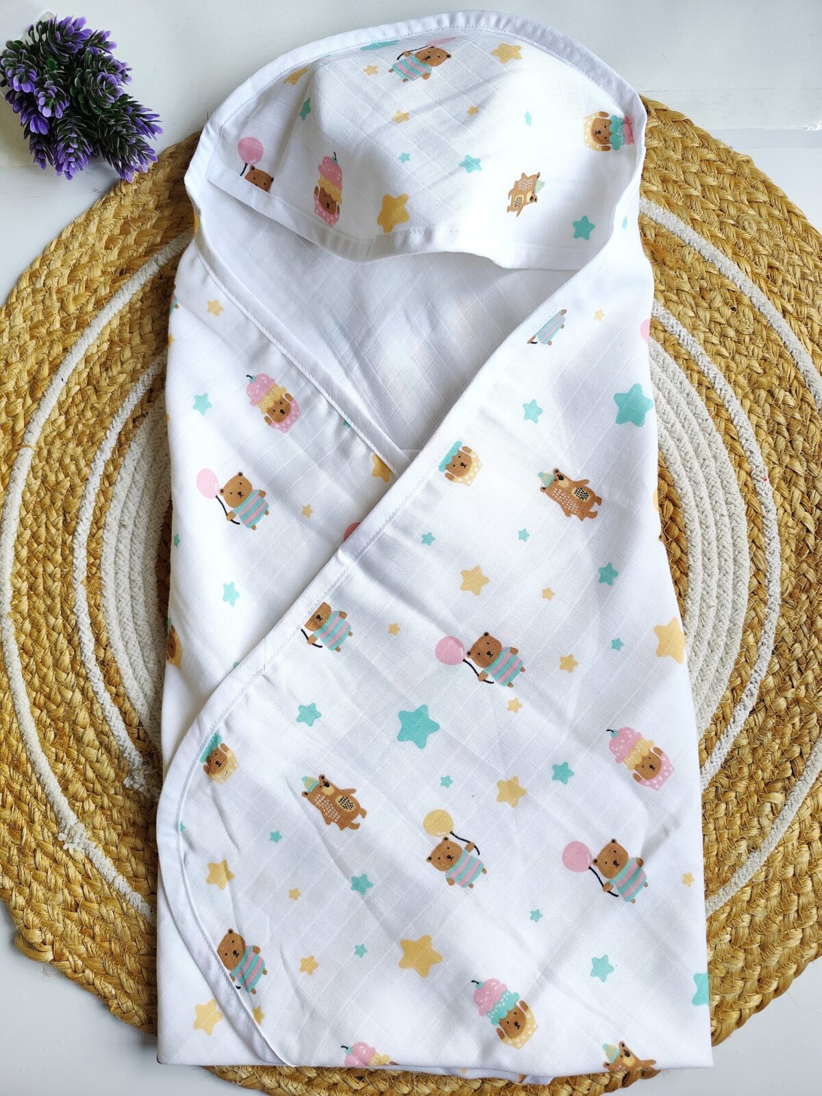 Muslin Hooded Towel - Bear Balloon Print