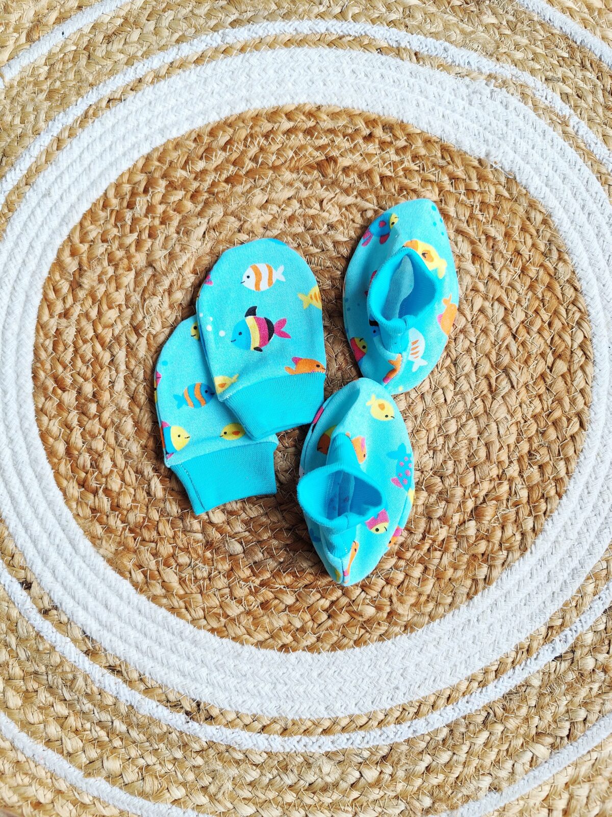 Cotton Mittens & Booties - Blue Fish Print