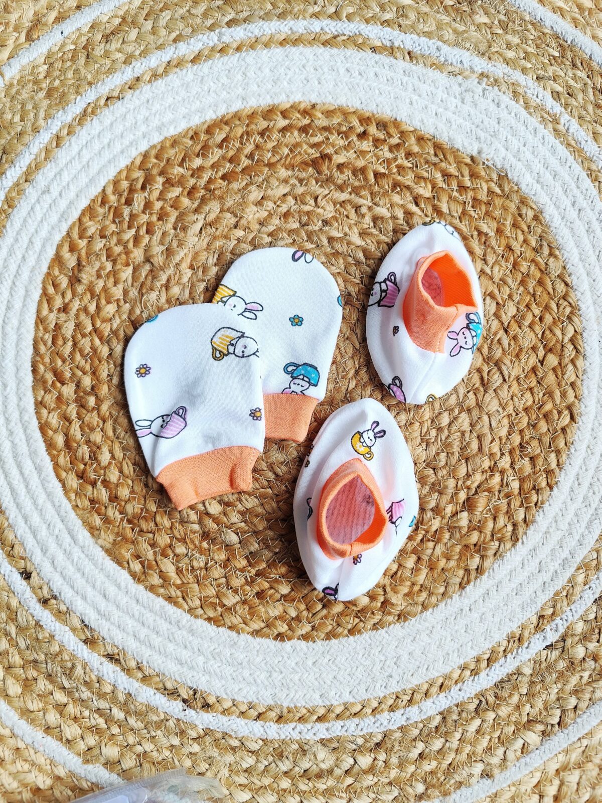 Cotton Mittens & Booties - Orange Bunny Print