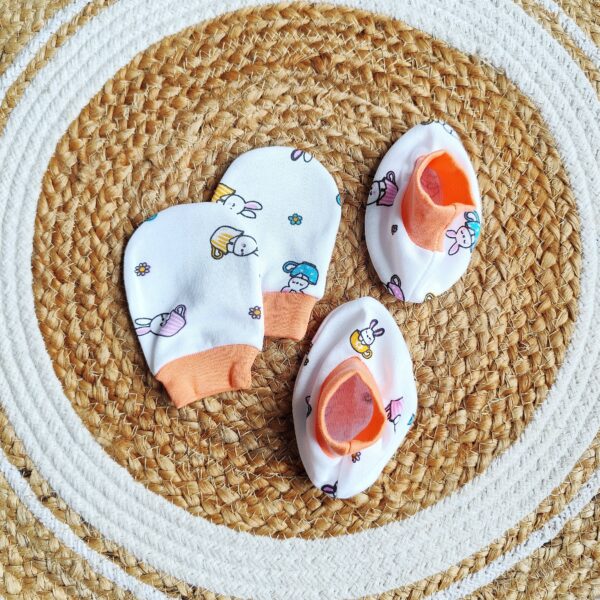Cotton Mittens & Booties – Orange Bunny Print