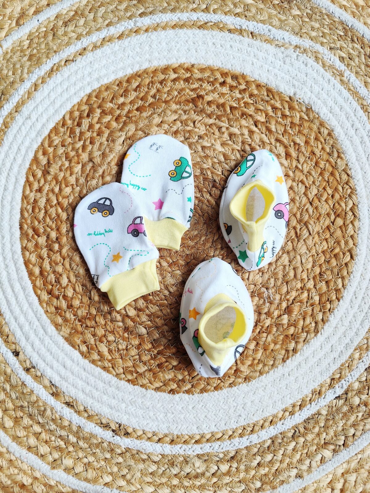 Cotton Mittens & Booties - Yellow Car Print