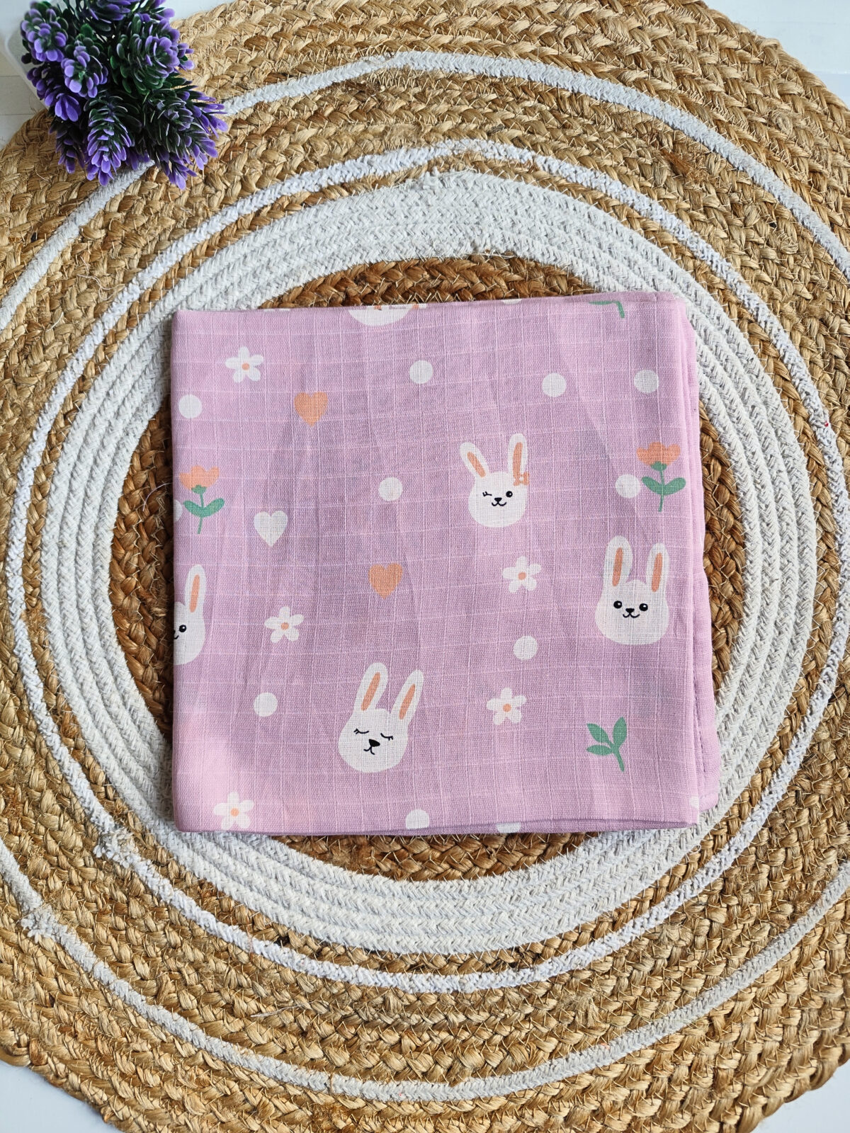 Muslin Colored Swaddle - Pink Bunny - Image 2