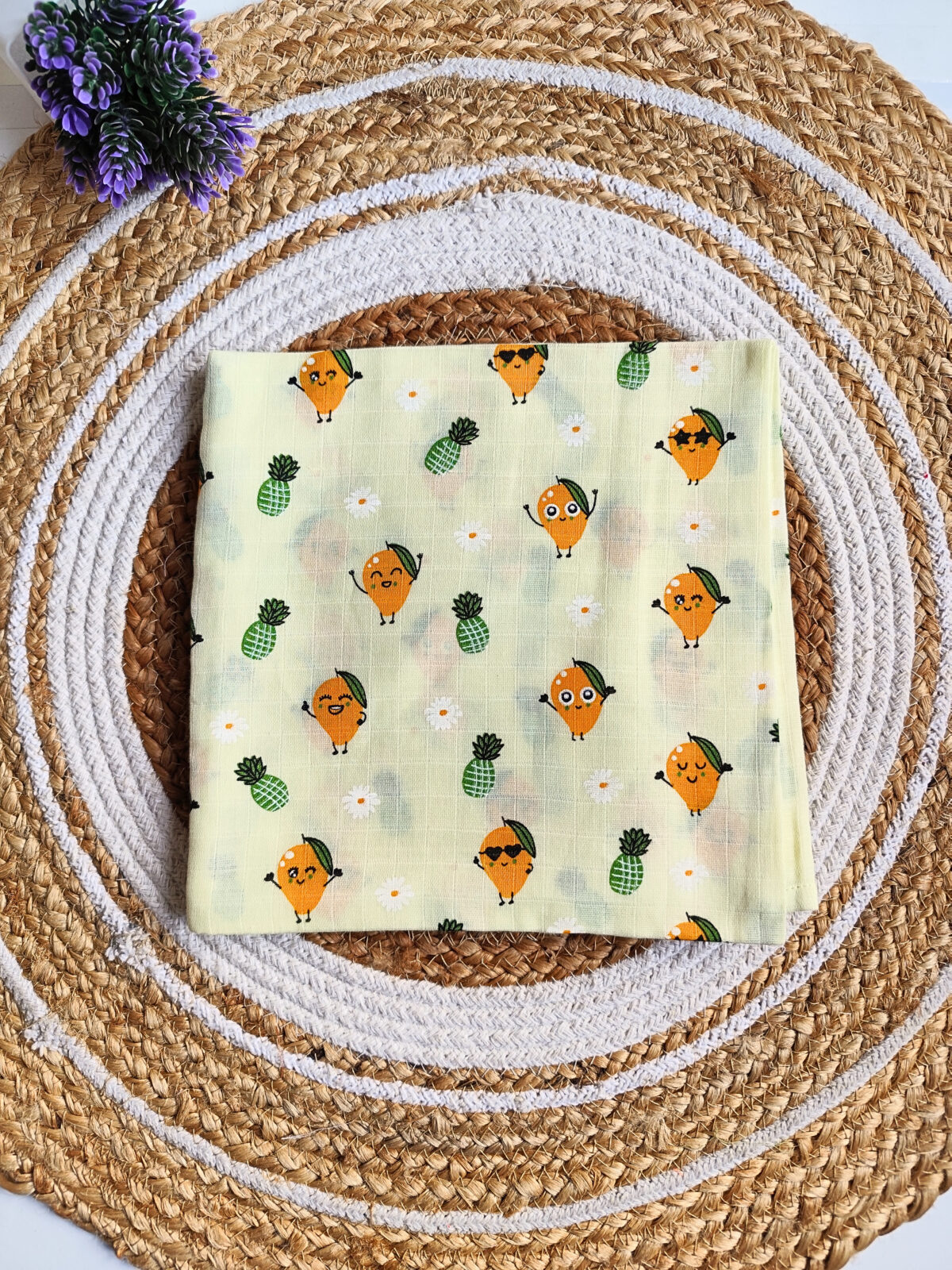 Muslin Colored Swaddle - Yellow Mango Print - Image 2
