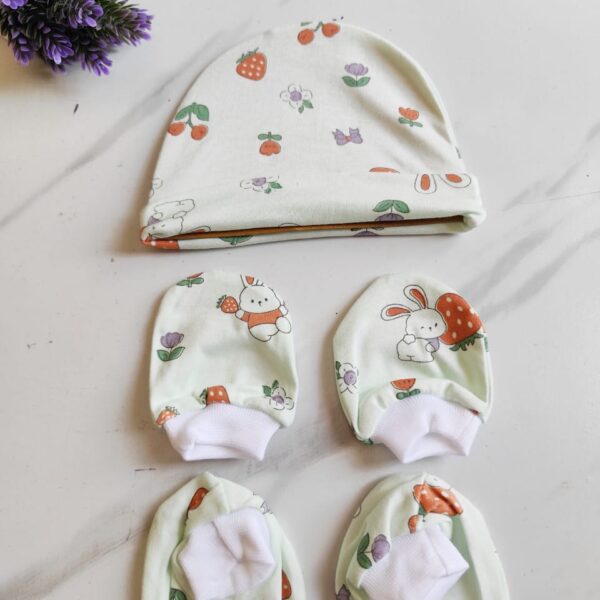 Cotton Cap, Mittens & Booties Set – Cherry Print (0 – 6 Months)