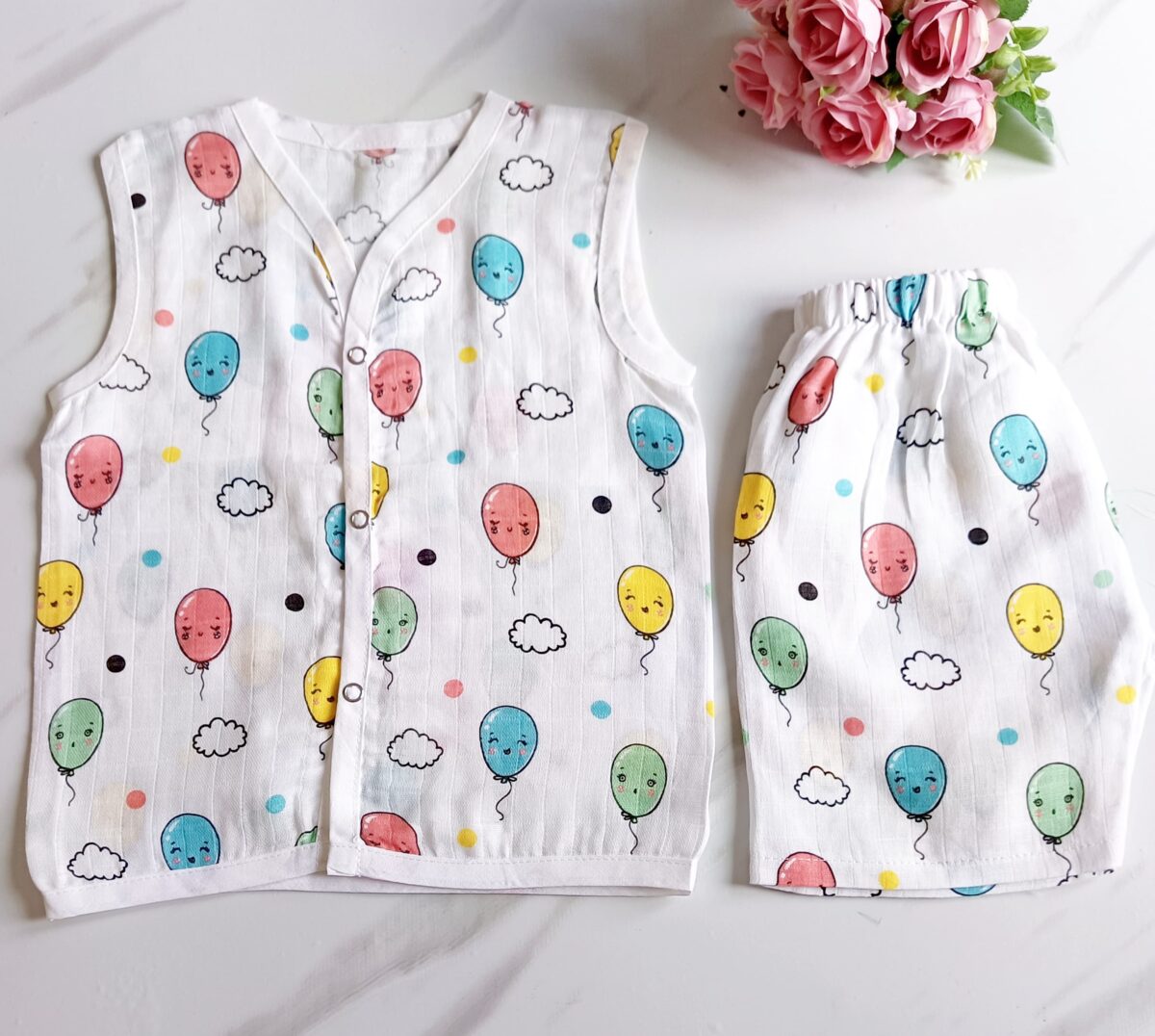 Muslin White Co-Ord Sets - Balloon Print