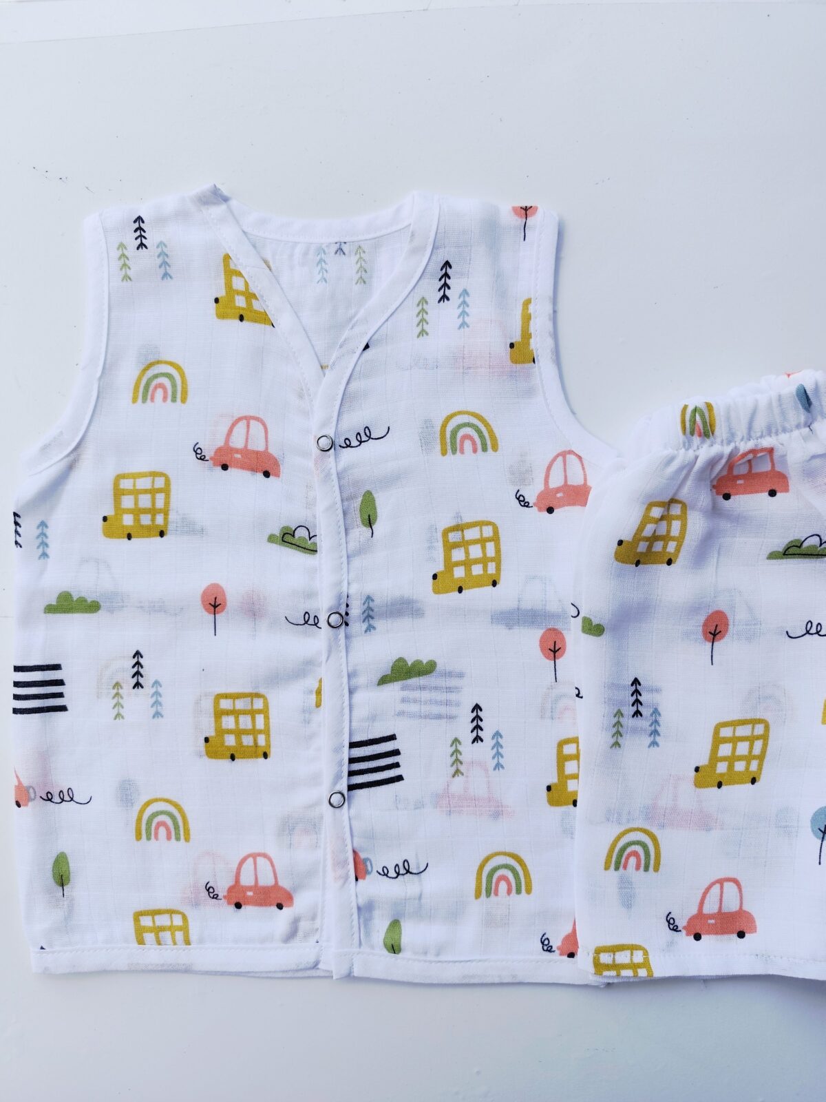 Muslin White Co-Ord Sets - Vehicles Print
