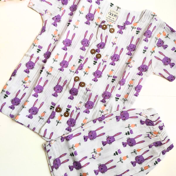Muslin Co Ord Set – Purple Bunny Print (12 – 18 Months)