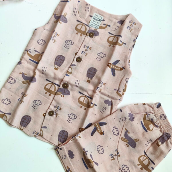 Muslin Sleeveless Co Ord Set – Plane Print