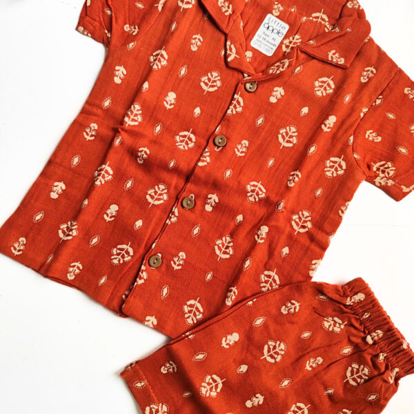 Muslin Collared Co Ord Set – Red Motifs Print