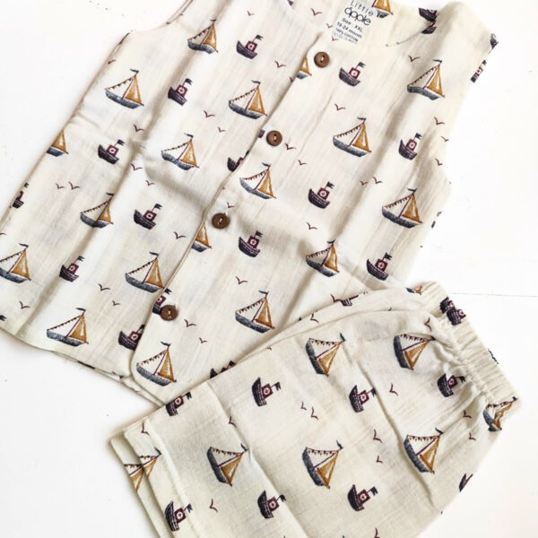 Muslin Sleeveless Co Ord Set – Ship Print