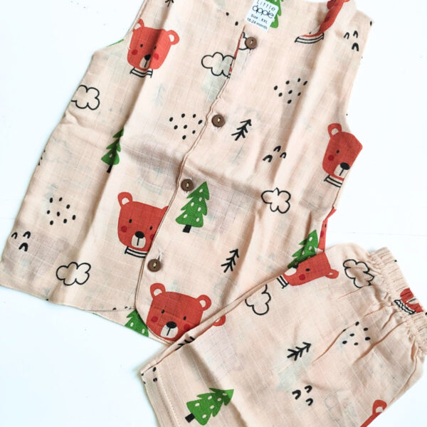 Muslin Sleeveless Co Ord Set – Bear Print