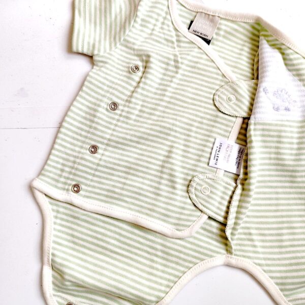 Kimono Style Onesie- Green Striped Print (0 – 3 Months)