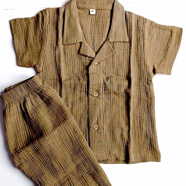 Crinkled Muslin Night Suit – Olive Brown Shade (12 – 18 Months)