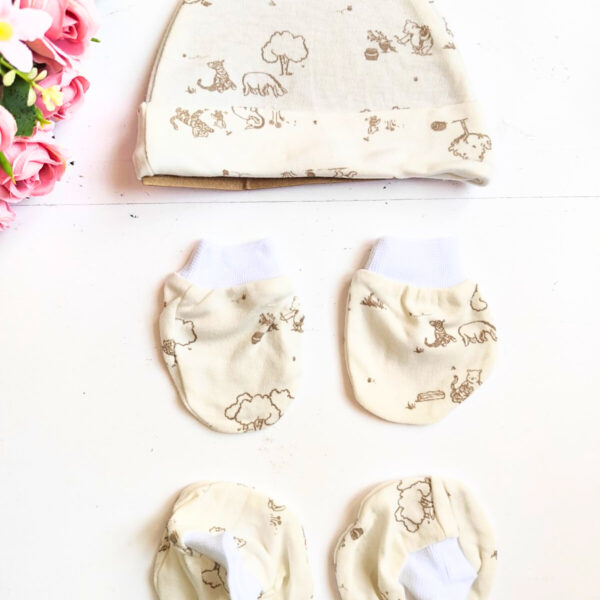 Cotton Cap, Mittens & Booties Set – Trees Print (0 – 6 Months)